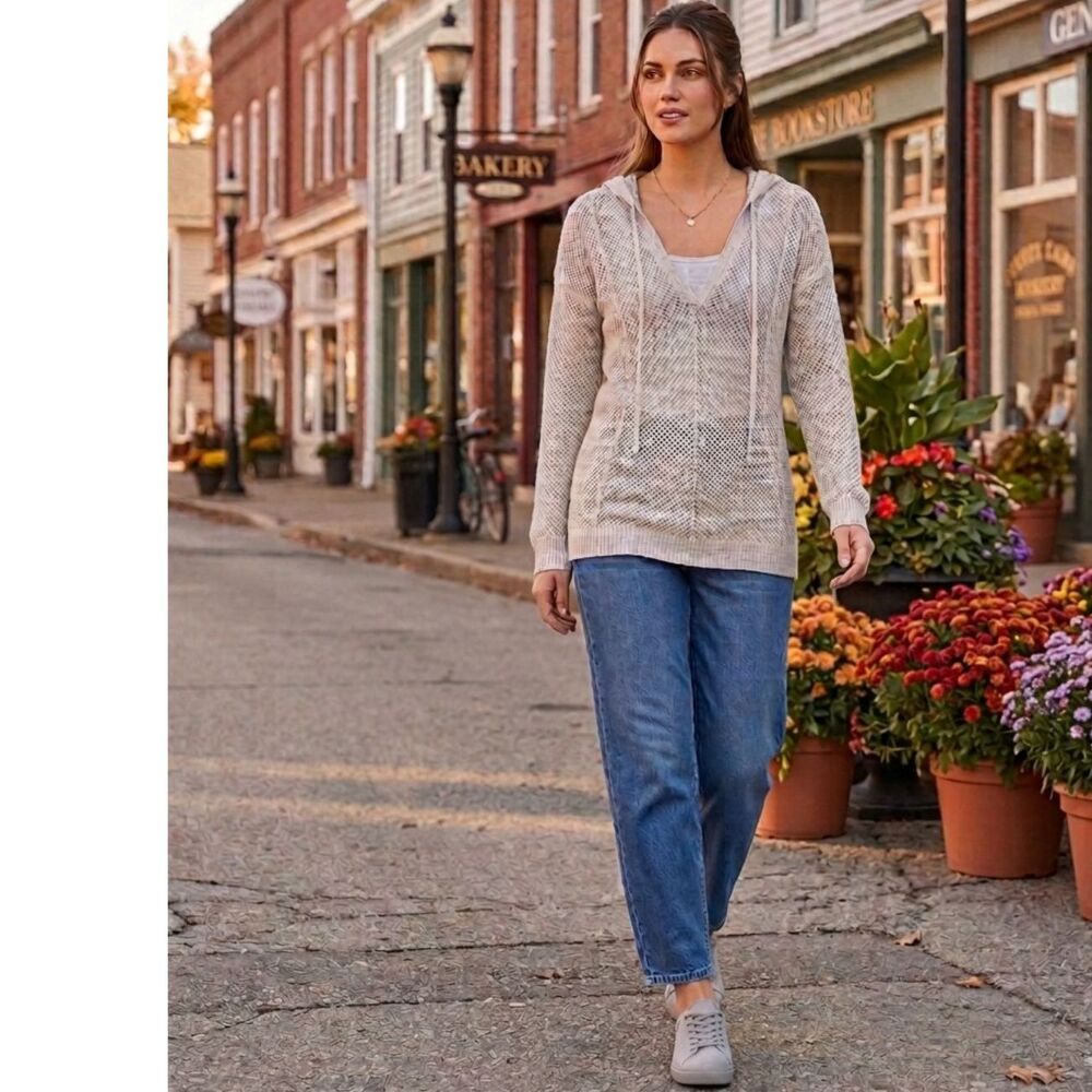 Autumn Cashmere Open Stitch V-Neck Gray Hoodie Sweater 100% Pure Cashmere SizeXS